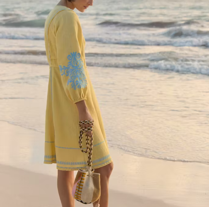 Marianna | Pure Linen Dress with V-Neck & High Waist