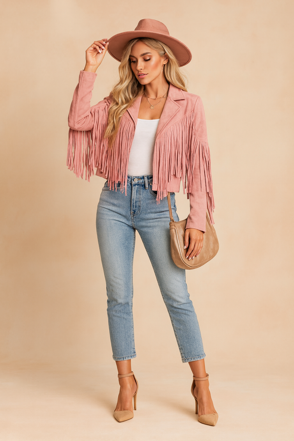 Timotea | Short Western Fringe Suede Jacket — Boho Statement Jacket with Long Sleeves and Tassels