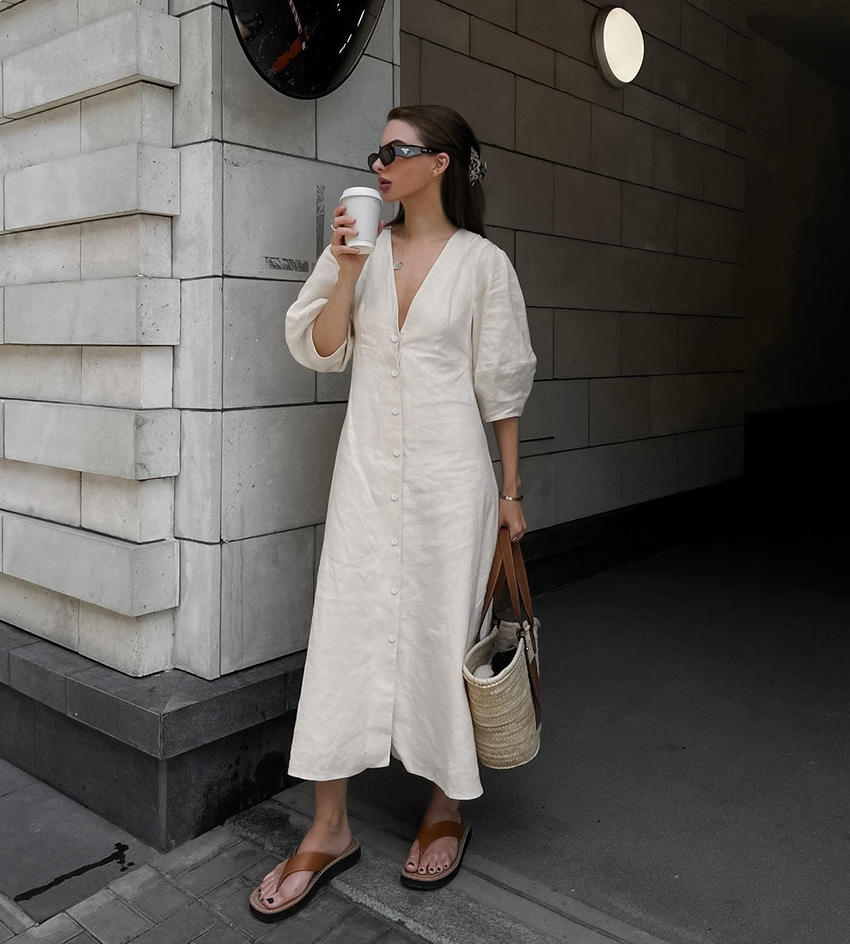 Amaranta- Linen Dress & Cotton with V-Neck & Schiena Scoperta