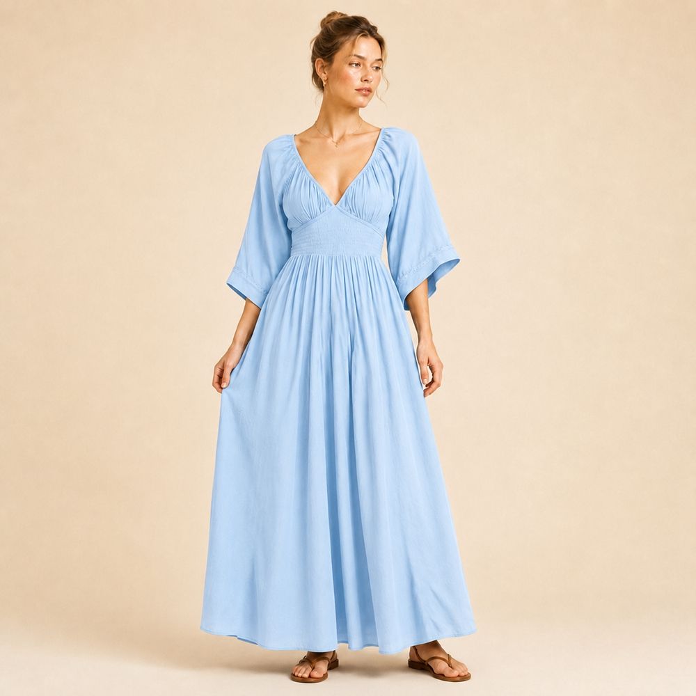 Julia | Long Elegant Cotton Dress with Deep V-Neck & Lace Trim
