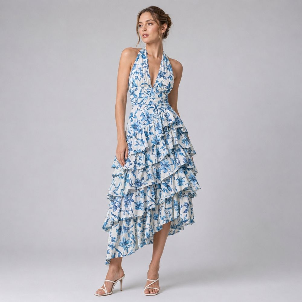 Maria | Long Cotton & Chiffon Dress with Ruffle Hem