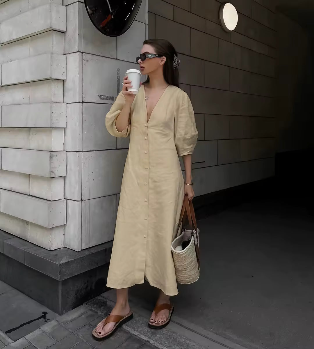 Amaranta- Linen Dress & Cotton with V-Neck & Schiena Scoperta