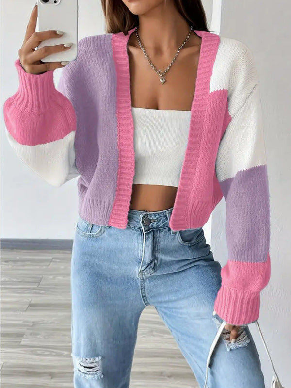 Zaira | Short Color Block Cardigan with Knit Buttons