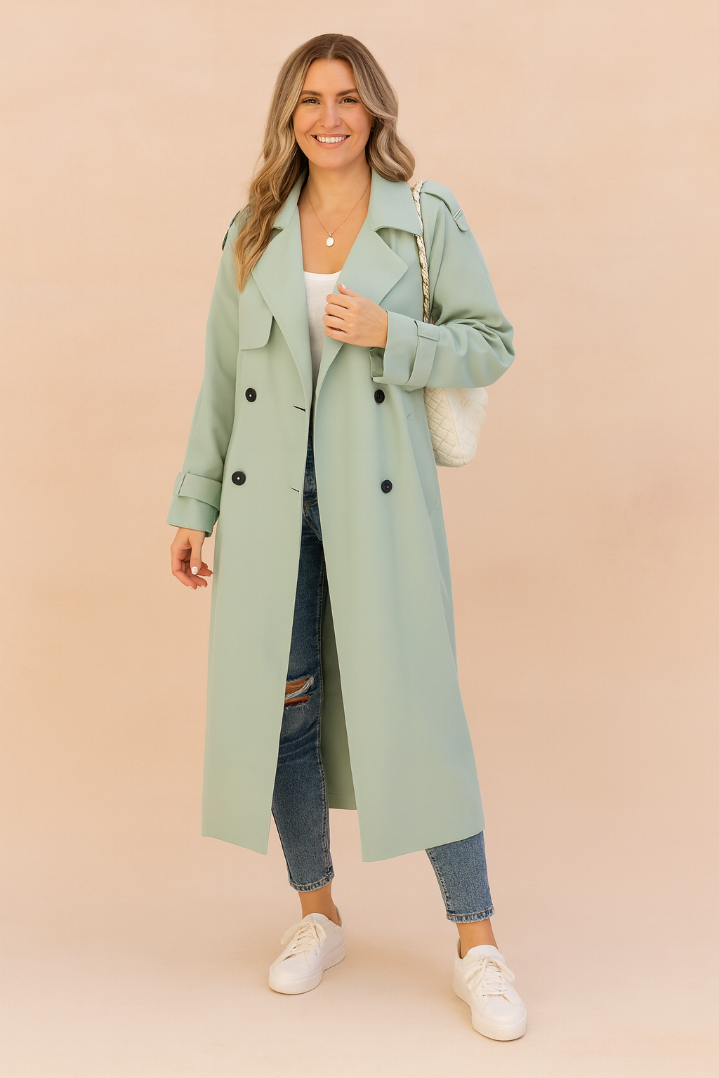 Mariangela | Long Double-Breasted Trench Coat with Belt