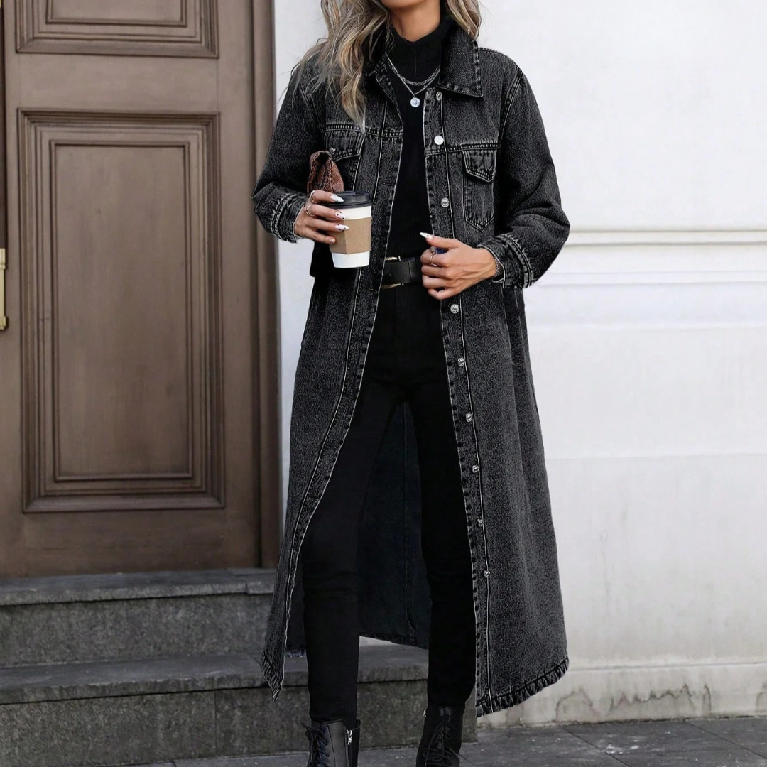 Tarsilla | Long Oversized Denim Coat with Buttons and Classic Collar