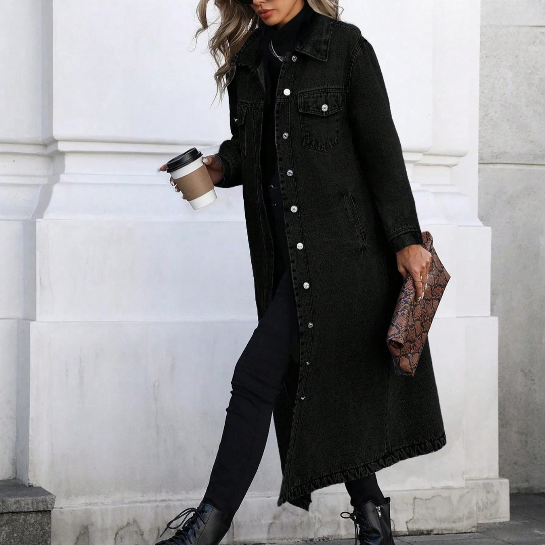 Tarsilla | Long Oversized Denim Coat with Buttons and Classic Collar