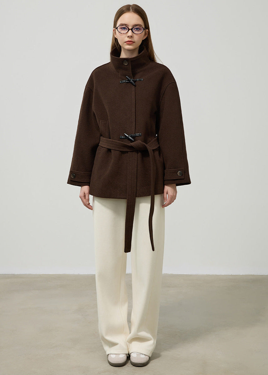 Fiorenza | Classic Wool Coat with Alamari & Waist Belt