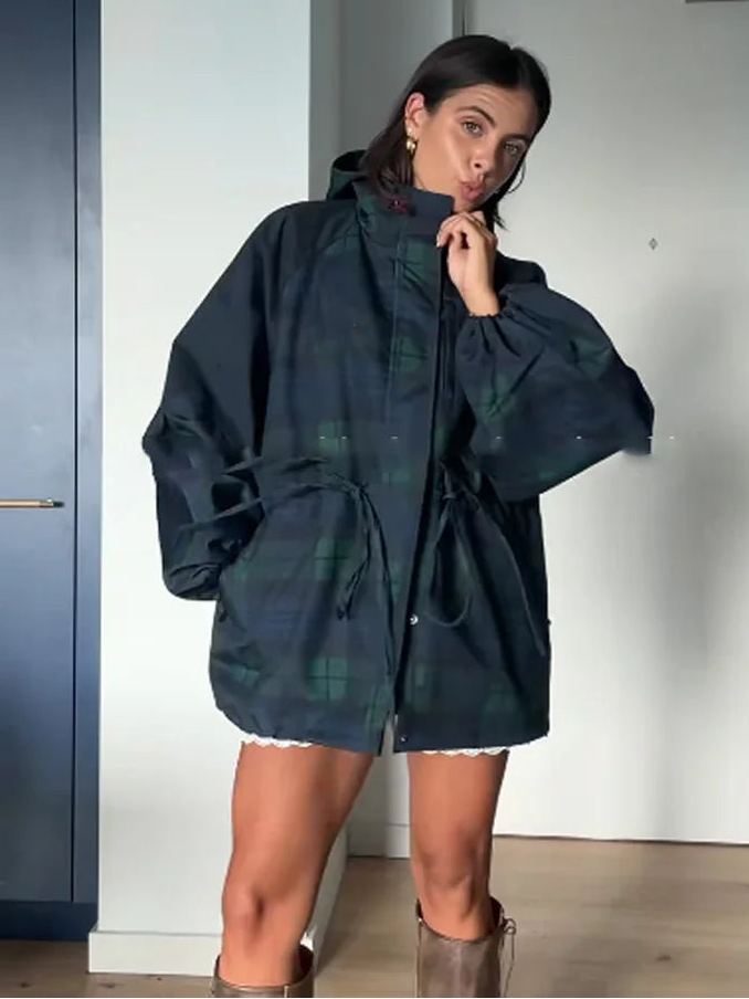 Vanessa | Oversized Checked Jacket with Hood and Adjustable Waist