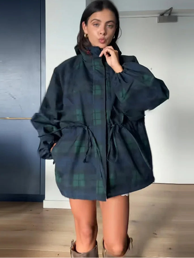 Vanessa | Oversized Checked Jacket with Hood and Adjustable Waist