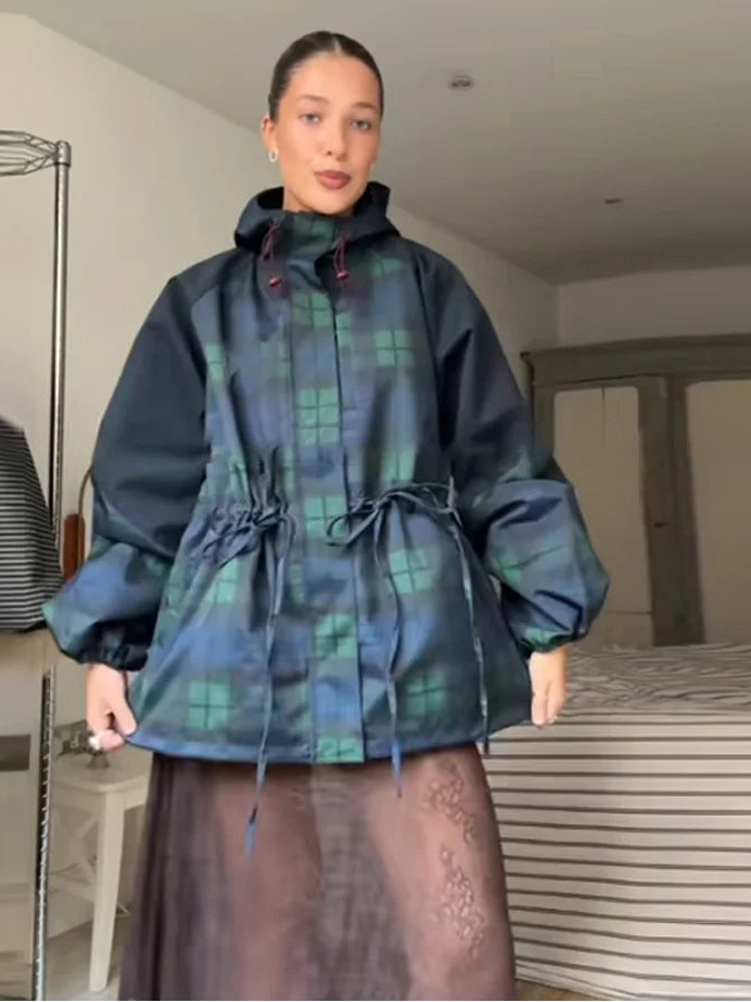 Vanessa | Oversized Checked Jacket with Hood and Adjustable Waist