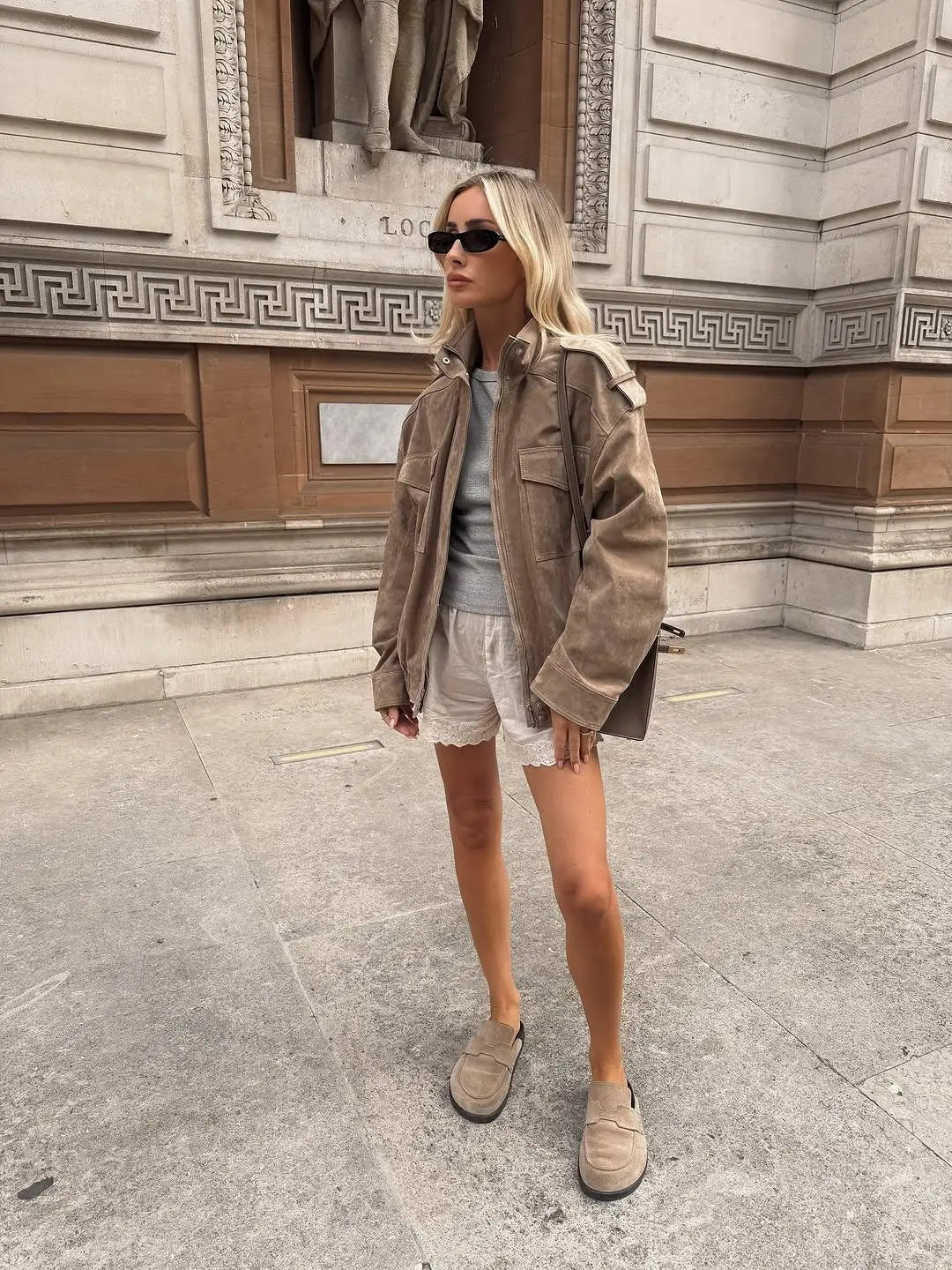 Novella | Oversized Suede Jacket with Hood, Zip & Pockets Utility