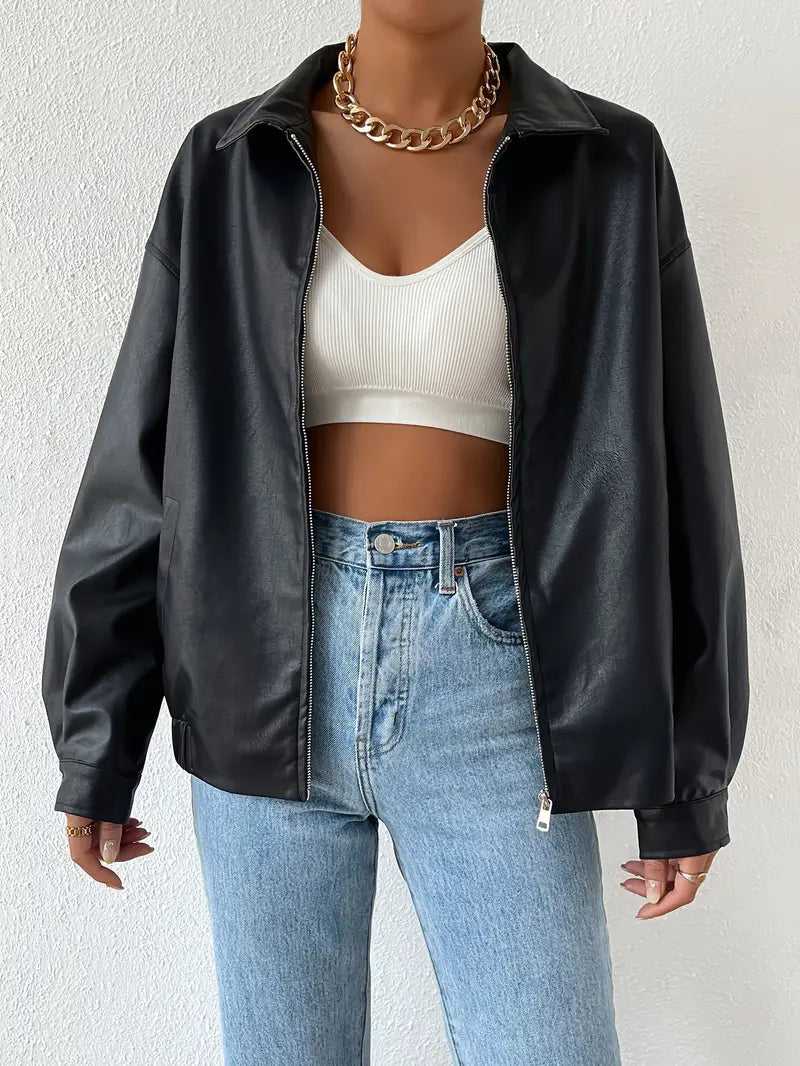 Vincenza | Black Faux Leather Jacket with Zip