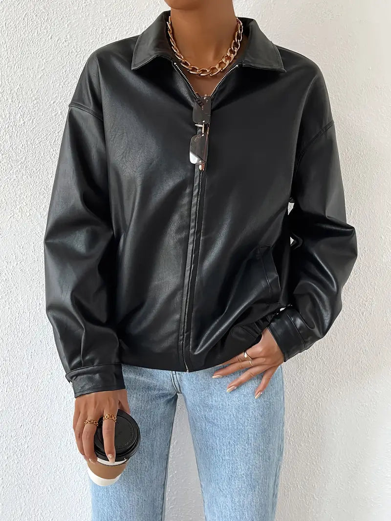 Vincenza | Black Faux Leather Jacket with Zip