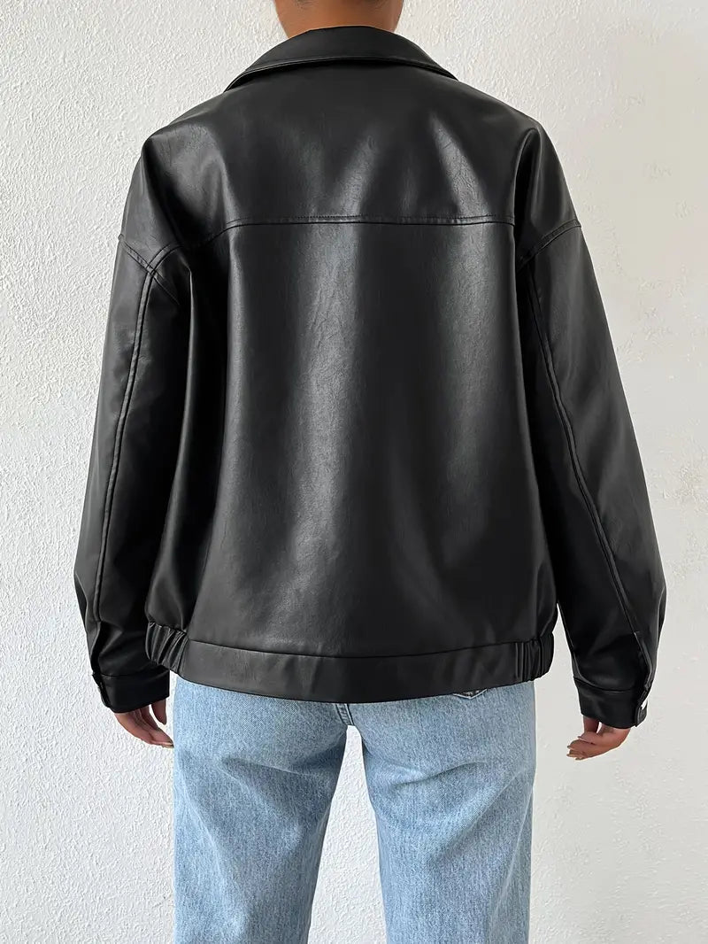 Vincenza | Black Faux Leather Jacket with Zip