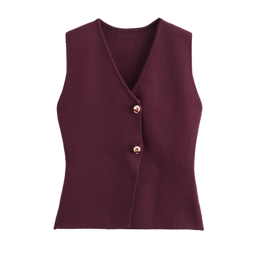 Marcella | Tricot Knit Vest with Gold Buttons