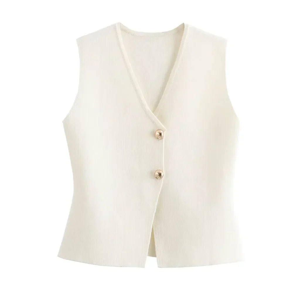 Marcella | Tricot Knit Vest with Gold Buttons