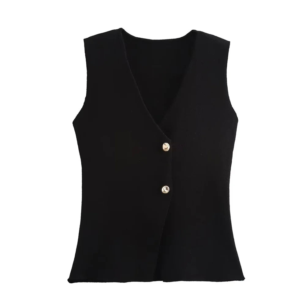 Marcella | Tricot Knit Vest with Gold Buttons