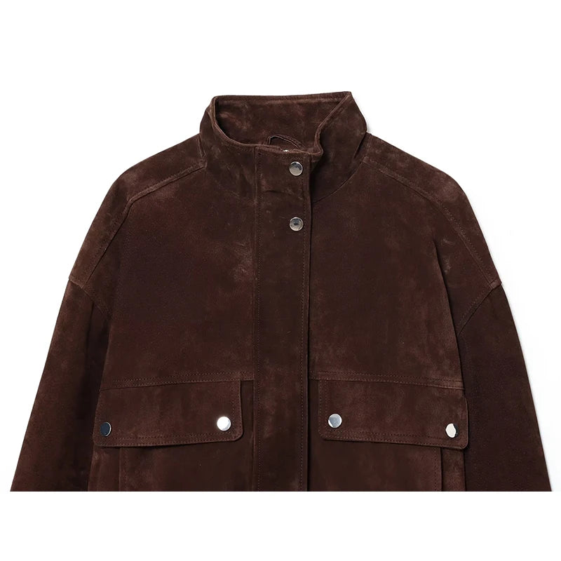 Romilda | Short Suede Jacket with Buttons with Pressione & Pockets Utility