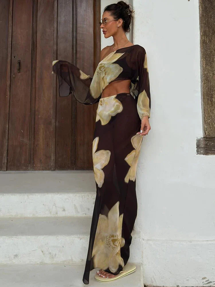 Orlanda | One-Shoulder Printed Two-Piece Set with Flowy Sleeve Detail