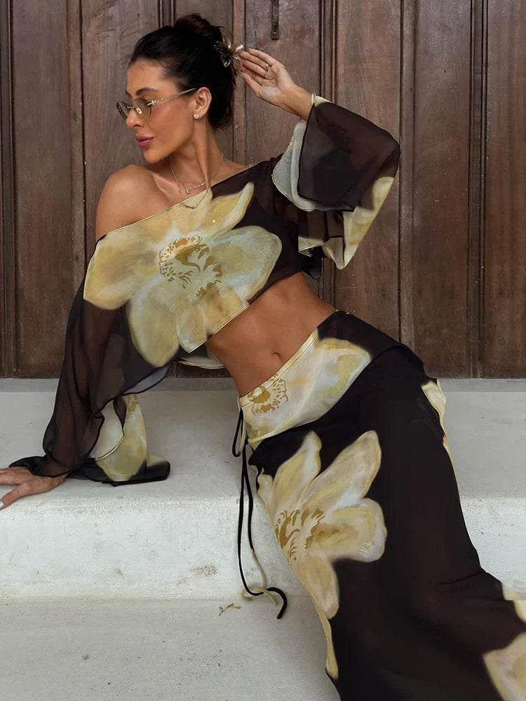 Orlanda | One-Shoulder Printed Two-Piece Set with Flowy Sleeve Detail