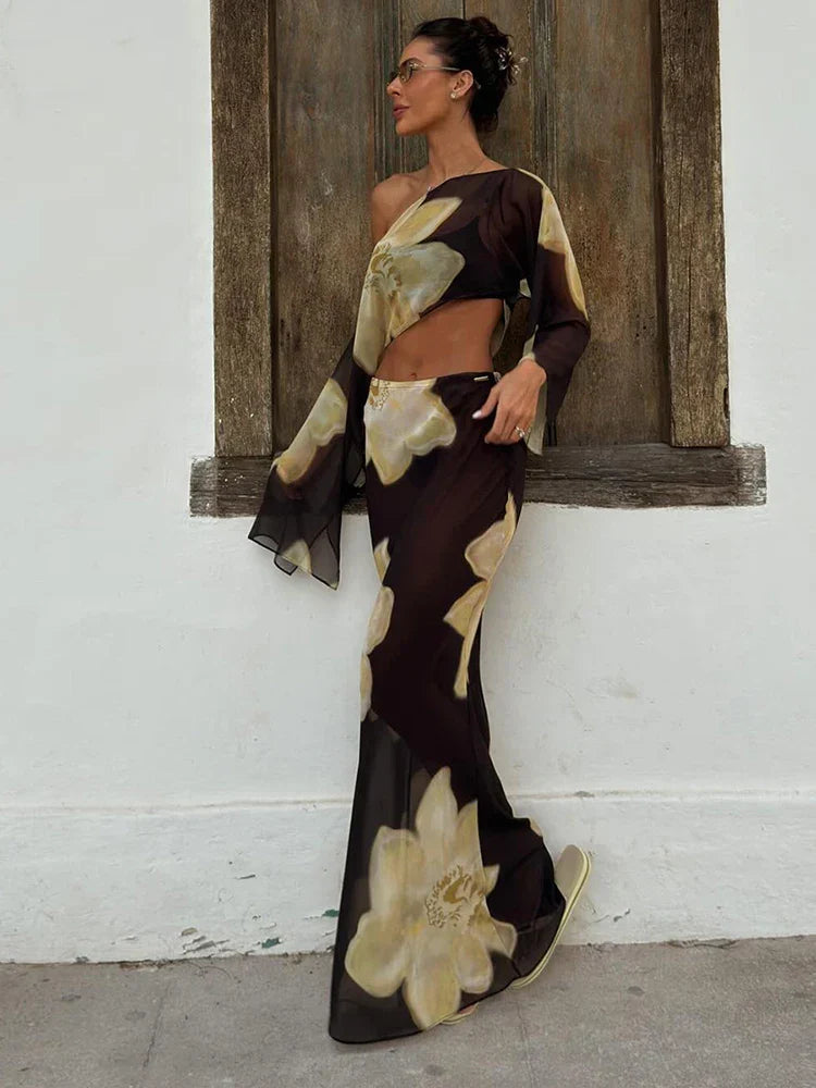 Orlanda | One-Shoulder Printed Two-Piece Set with Flowy Sleeve Detail