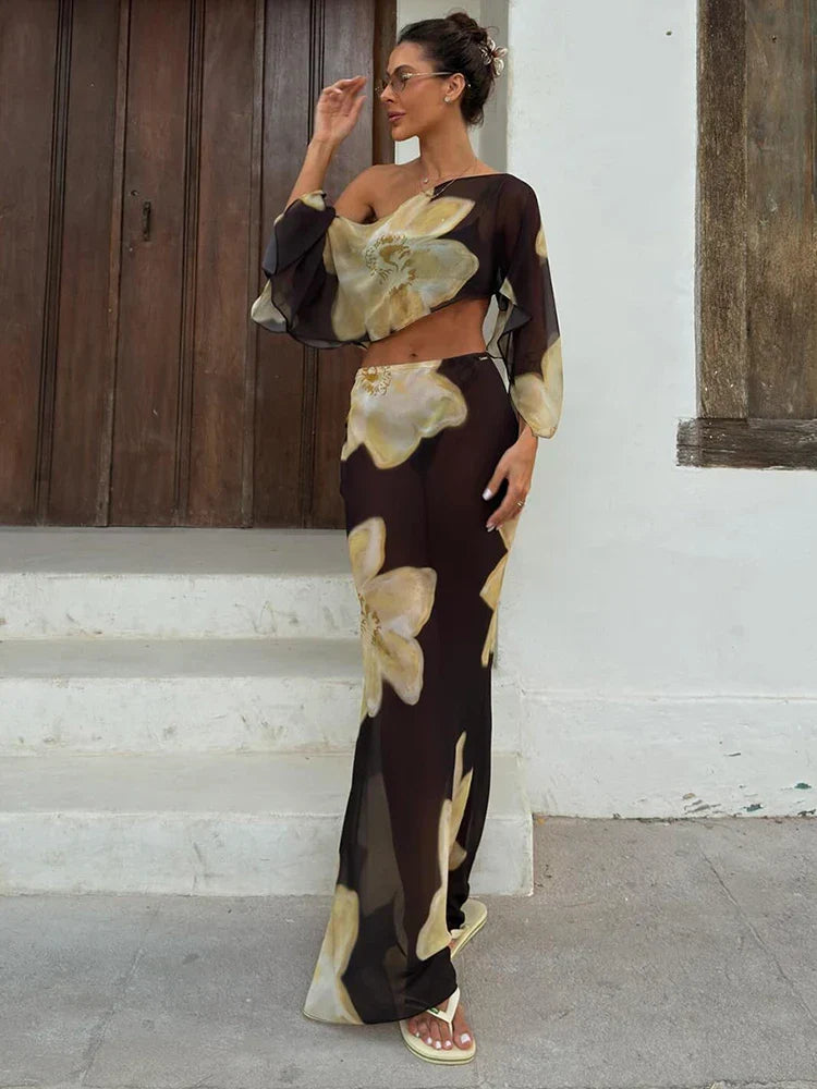 Orlanda | One-Shoulder Printed Two-Piece Set with Flowy Sleeve Detail