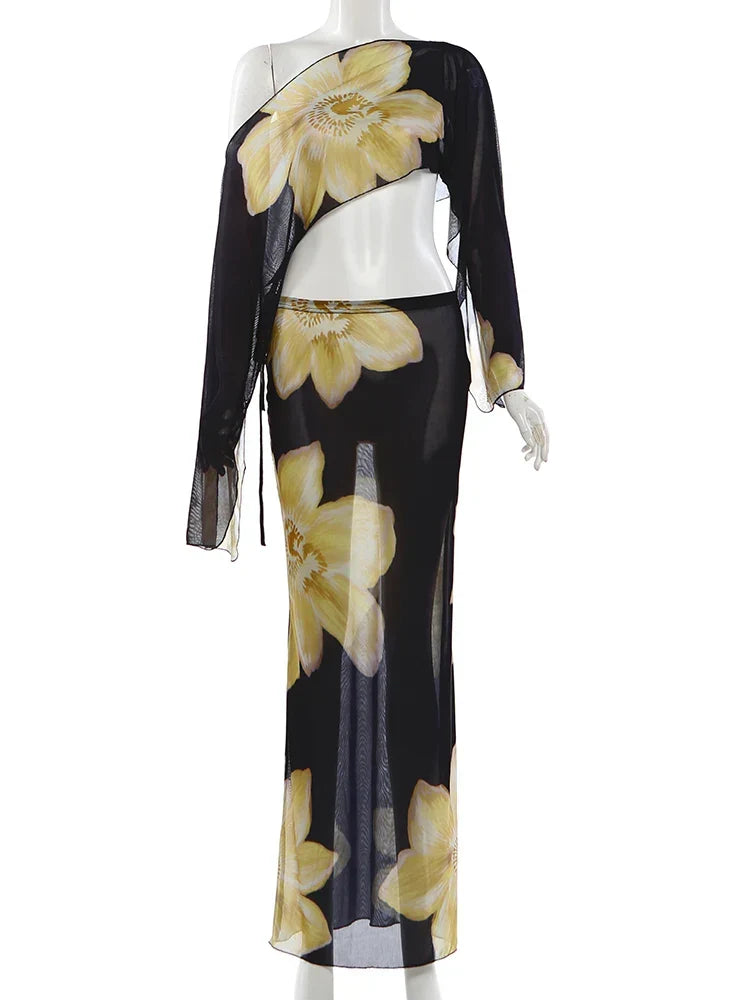 Orlanda | One-Shoulder Printed Two-Piece Set with Flowy Sleeve Detail
