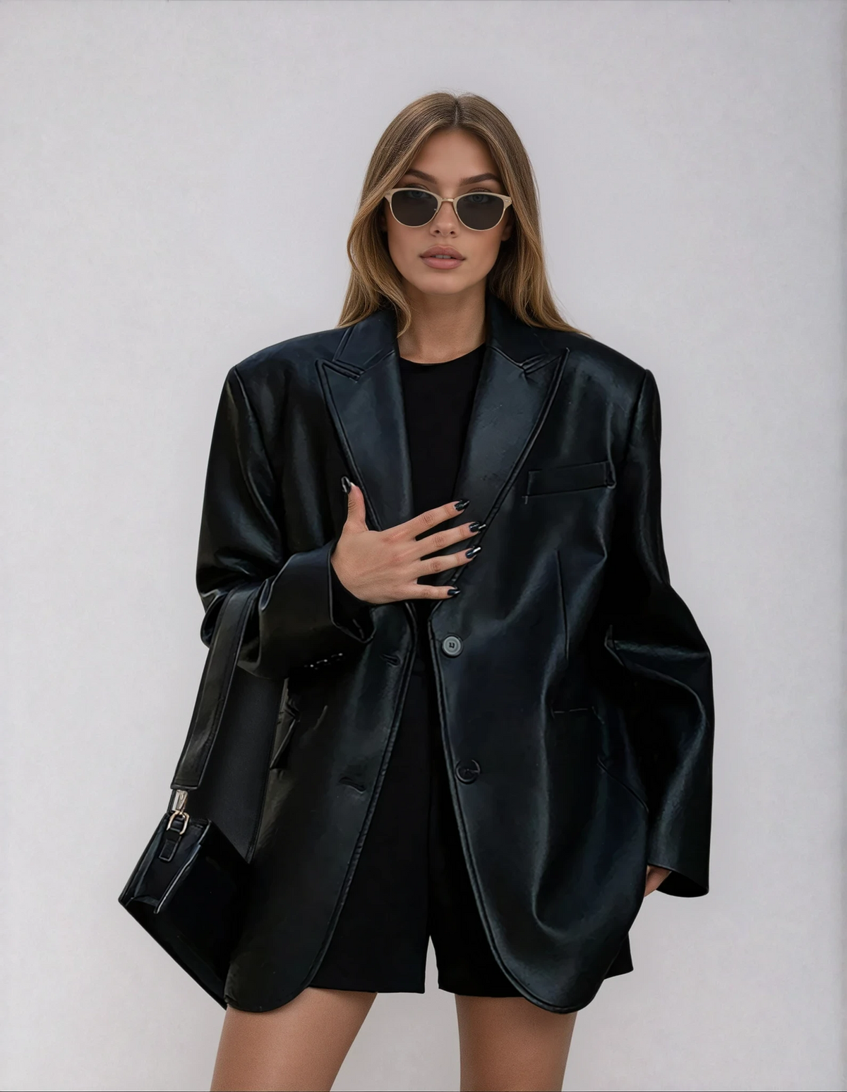 Venera | Oversized Faux Leather Blazer with Lapel