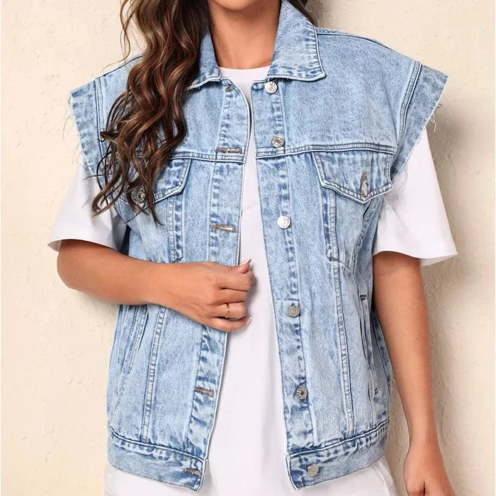 Elisa | Denim Oversized Vest with Chest Pockets