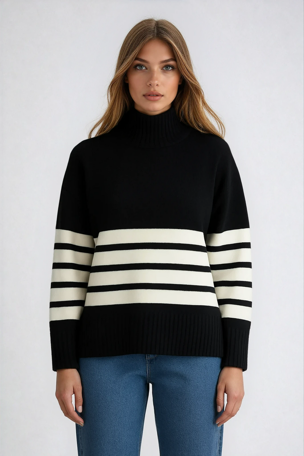 Elena | Striped Sweater with Neck Mock Neck