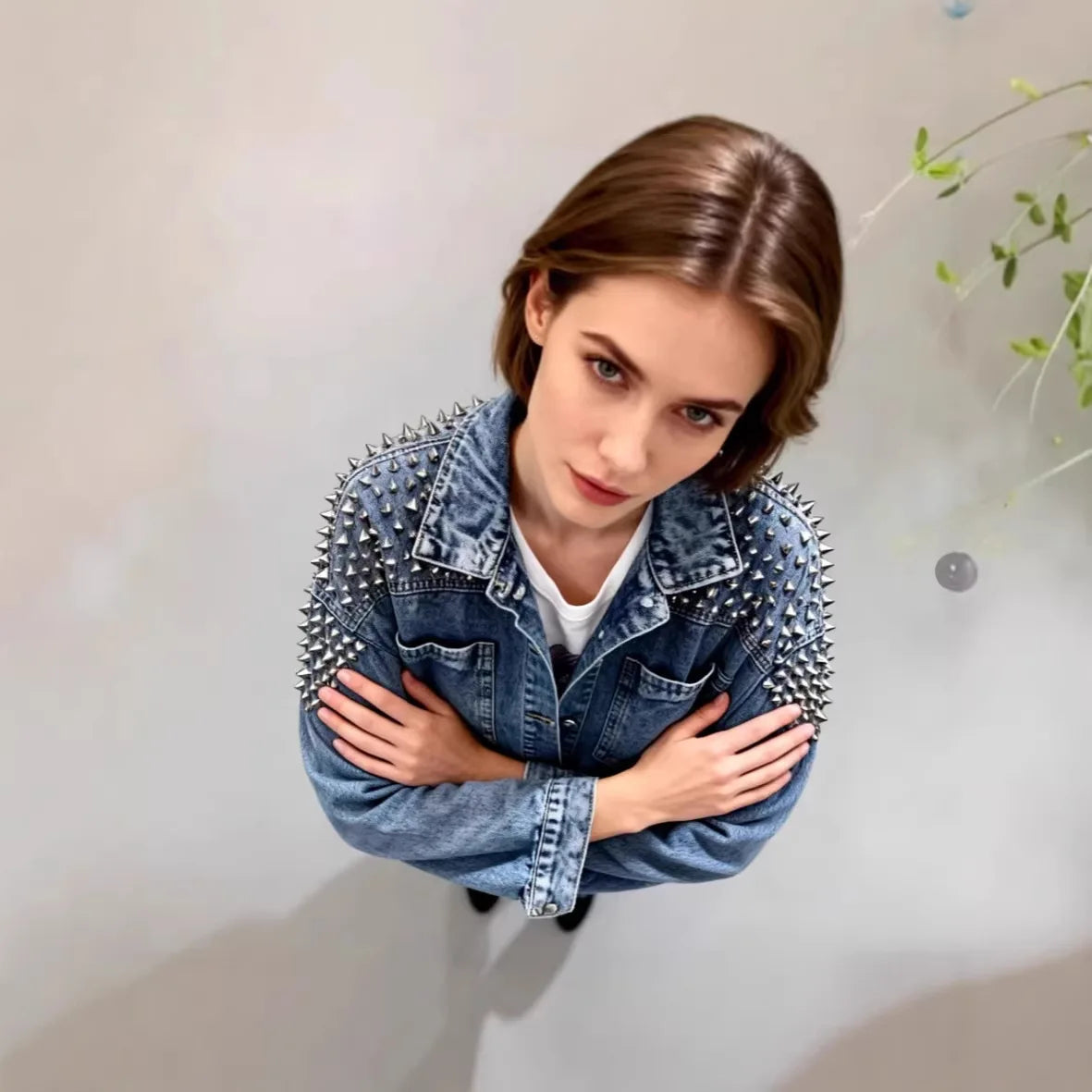 Orietta | Short Denim Jacket with Borchie & Shoulders Strutturate