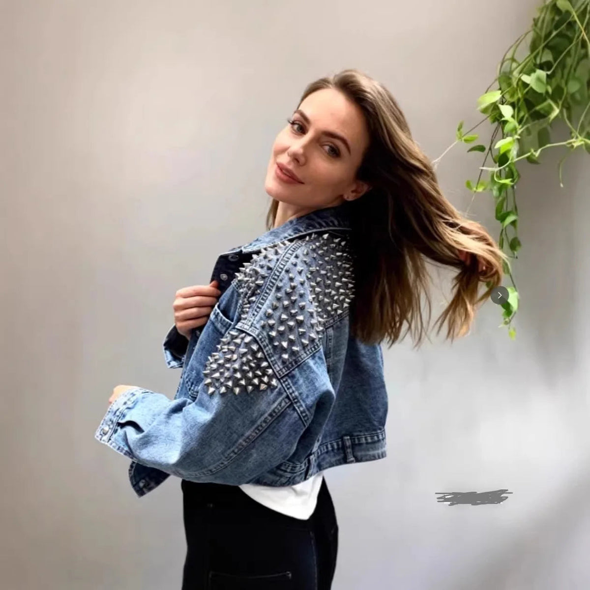 Orietta | Short Denim Jacket with Borchie & Shoulders Strutturate