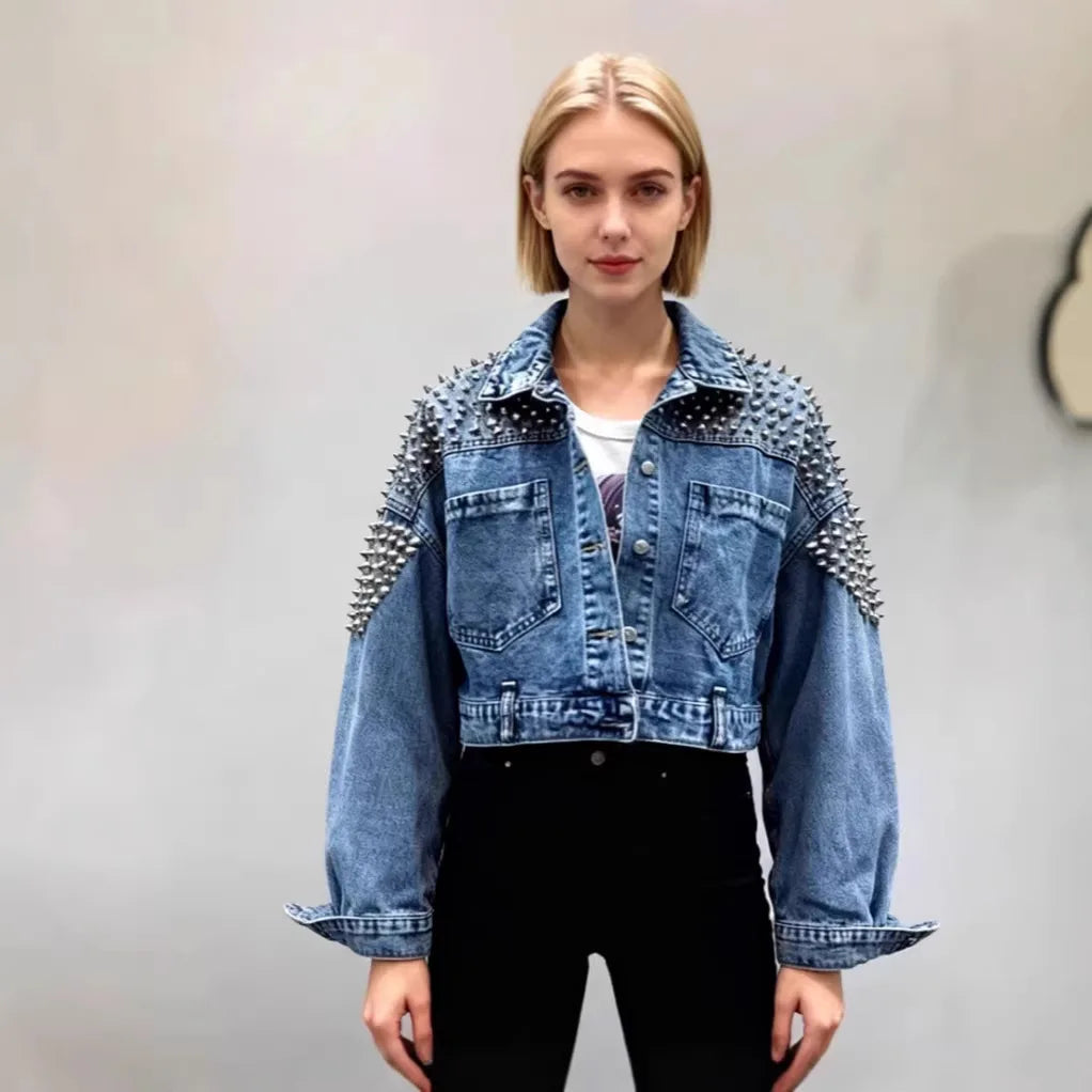 Orietta | Short Denim Jacket with Borchie & Shoulders Strutturate