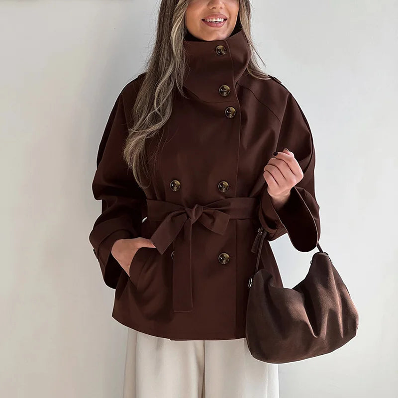 Nunzia | Vintage Double-Breasted Trench Coat with Turtleneck Collar