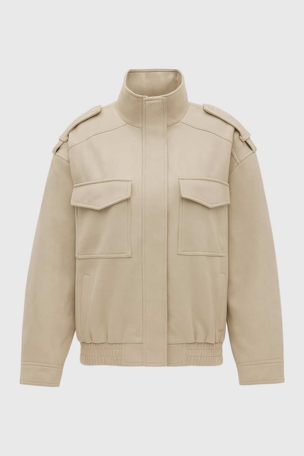 Nazarena | Beige Bomber Jacket with Neck to Mandarin Collar