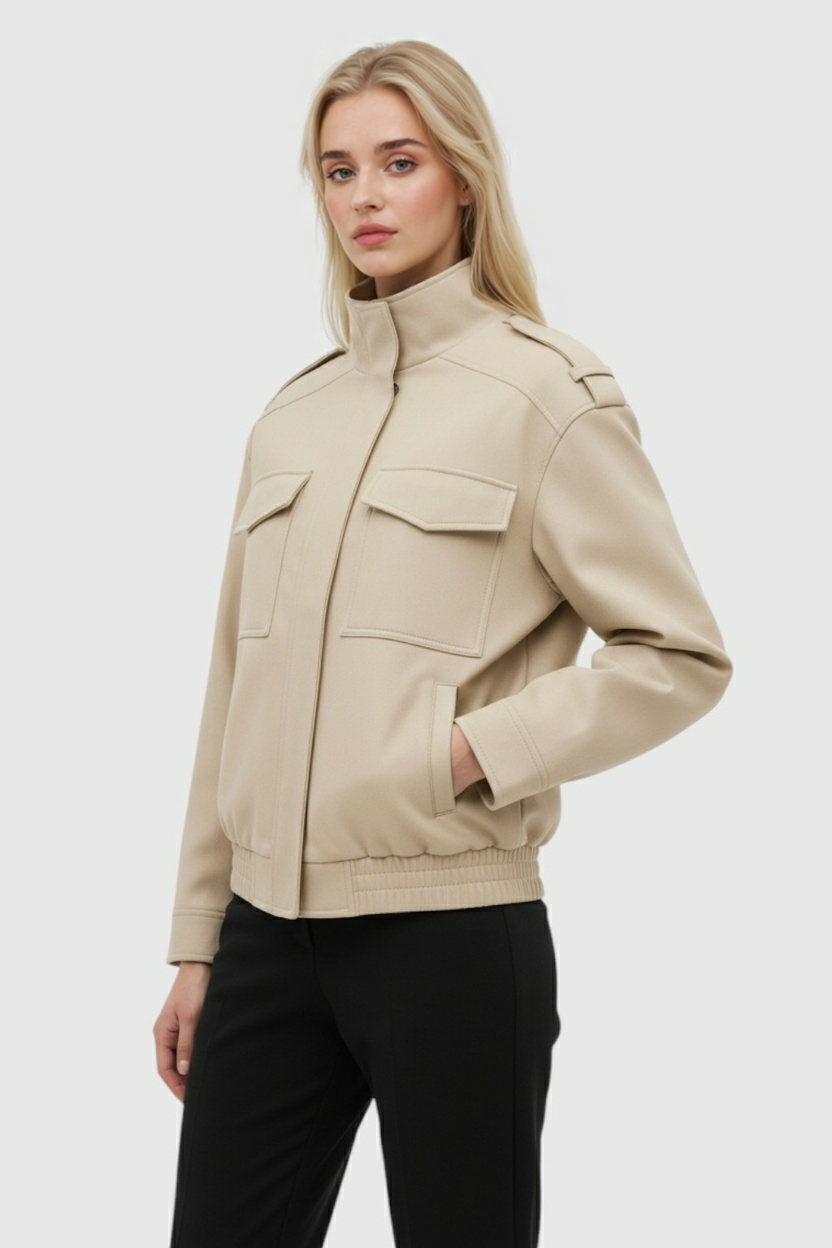Nazarena | Beige Bomber Jacket with Neck to Mandarin Collar