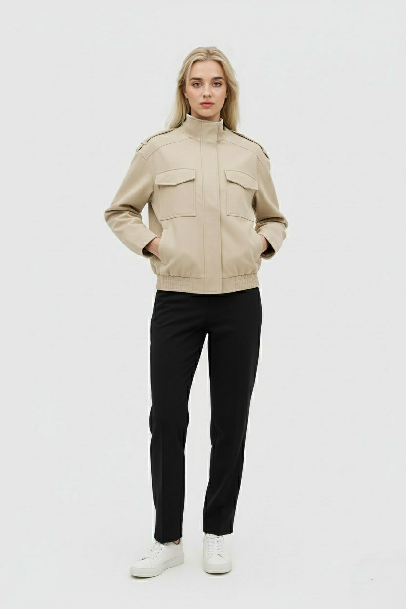 Nazarena | Beige Bomber Jacket with Neck to Mandarin Collar