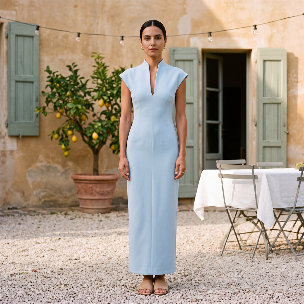 Alessia | Long Column Dress with High Neck & V-Neckline