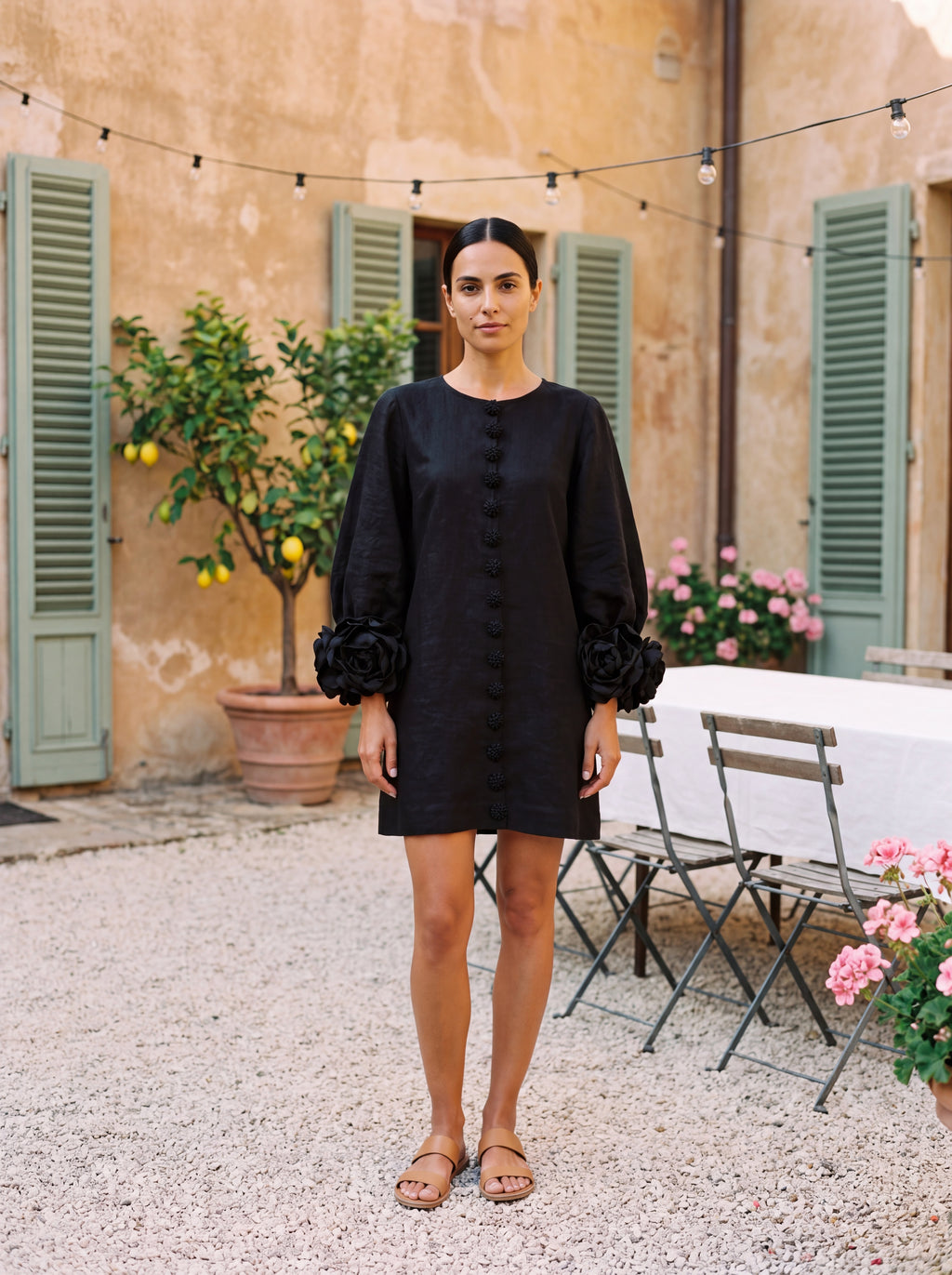 Mini Linen Dress with Flower Buttons & Rosette Cuffs