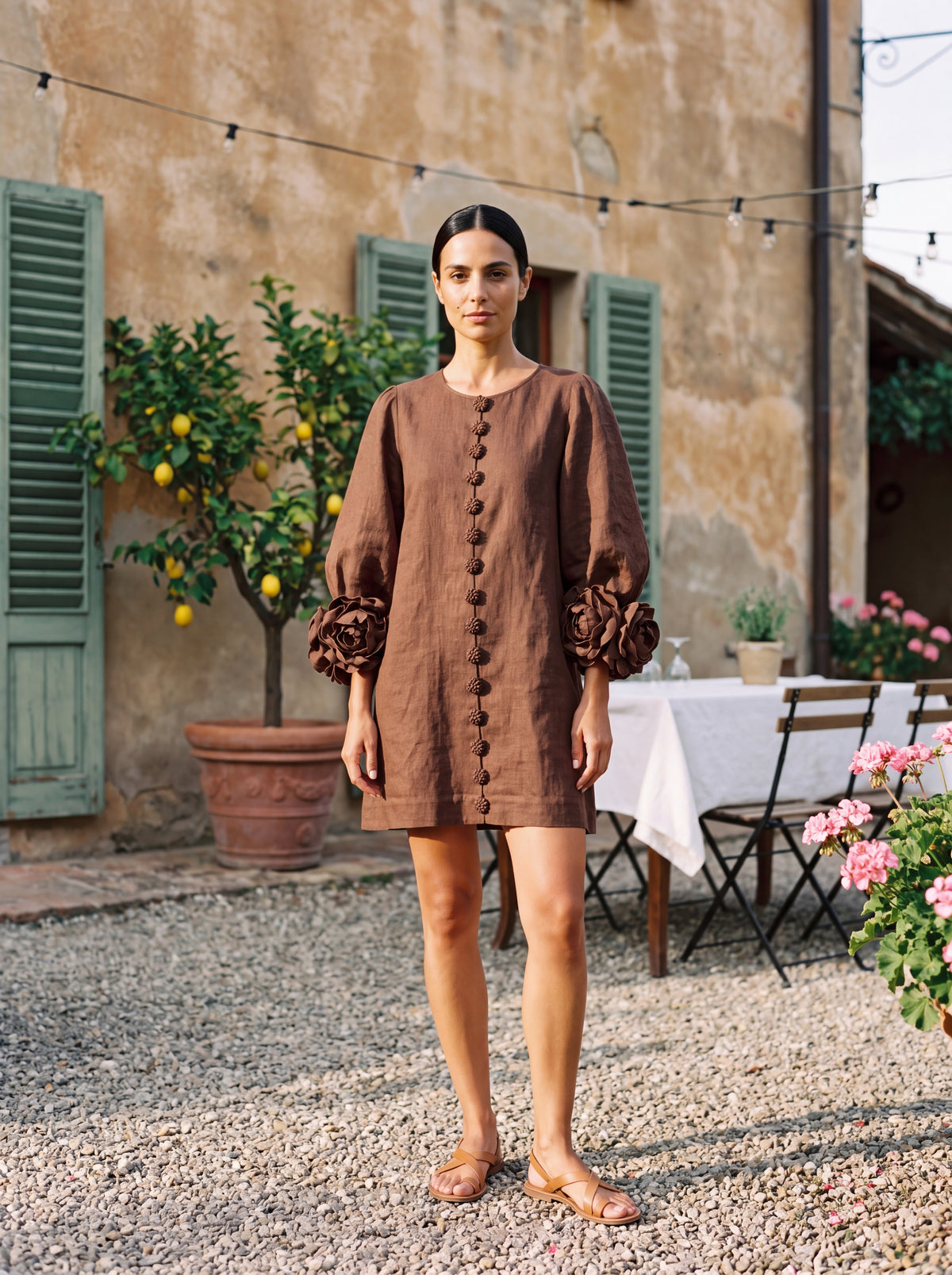 Mini Linen Dress with Flower Buttons & Rosette Cuffs