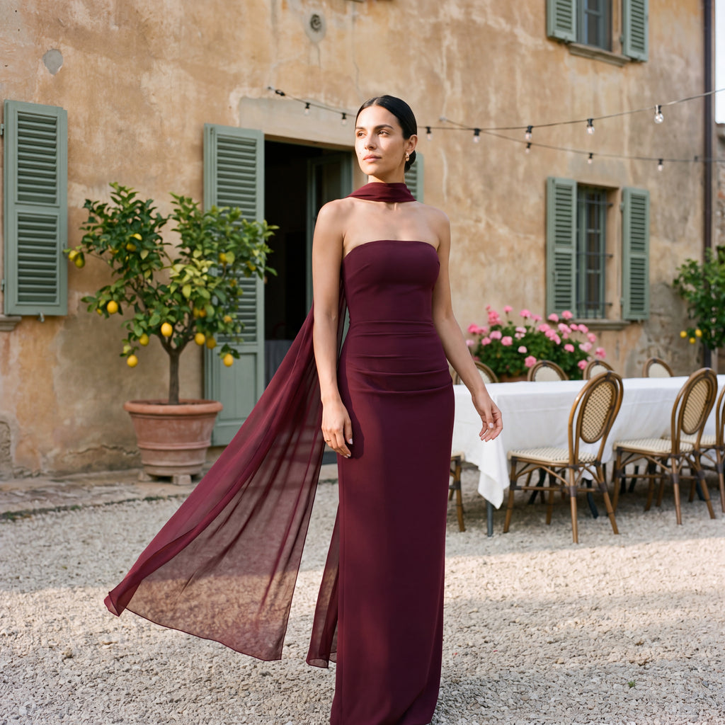 Maxi Strapless Dress with Drape Flowy Burgundy