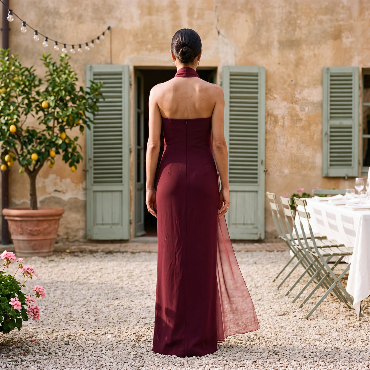 Maxi Strapless Dress with Drape Flowy Burgundy