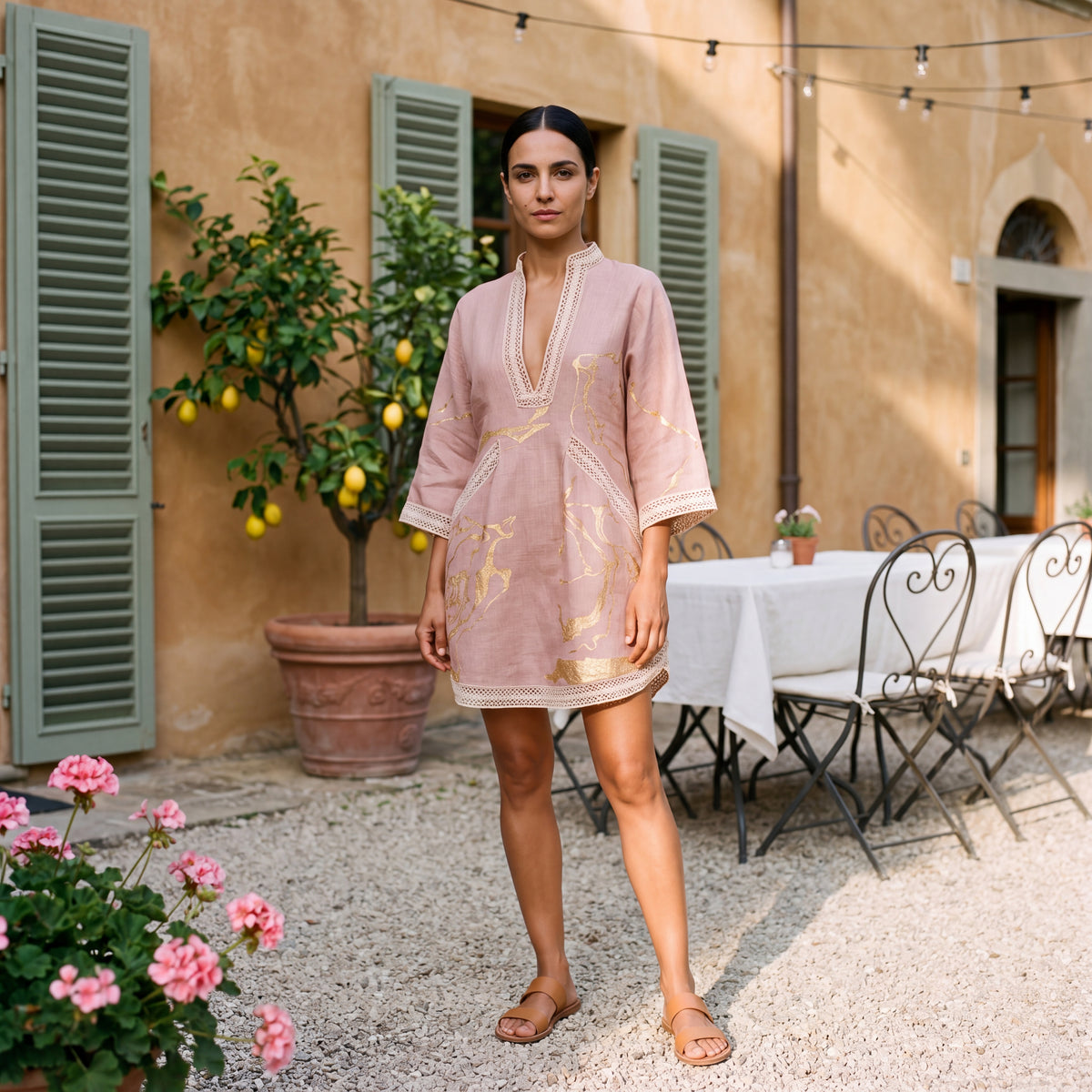 Donatella | Mini Dress with Print Marmo Dorata & Lace Crochet