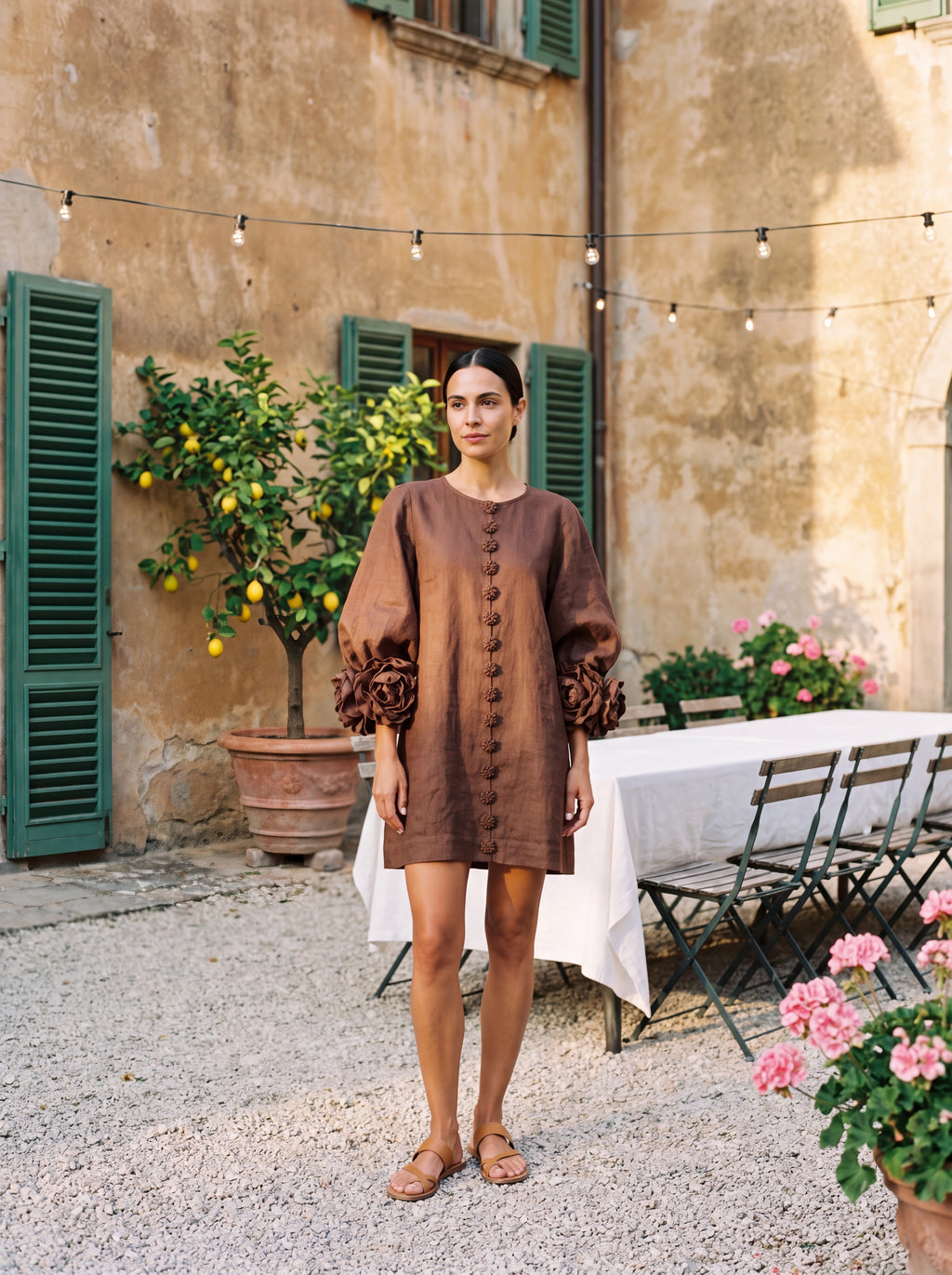 Mini Linen Dress with Flower Buttons & Rosette Cuffs