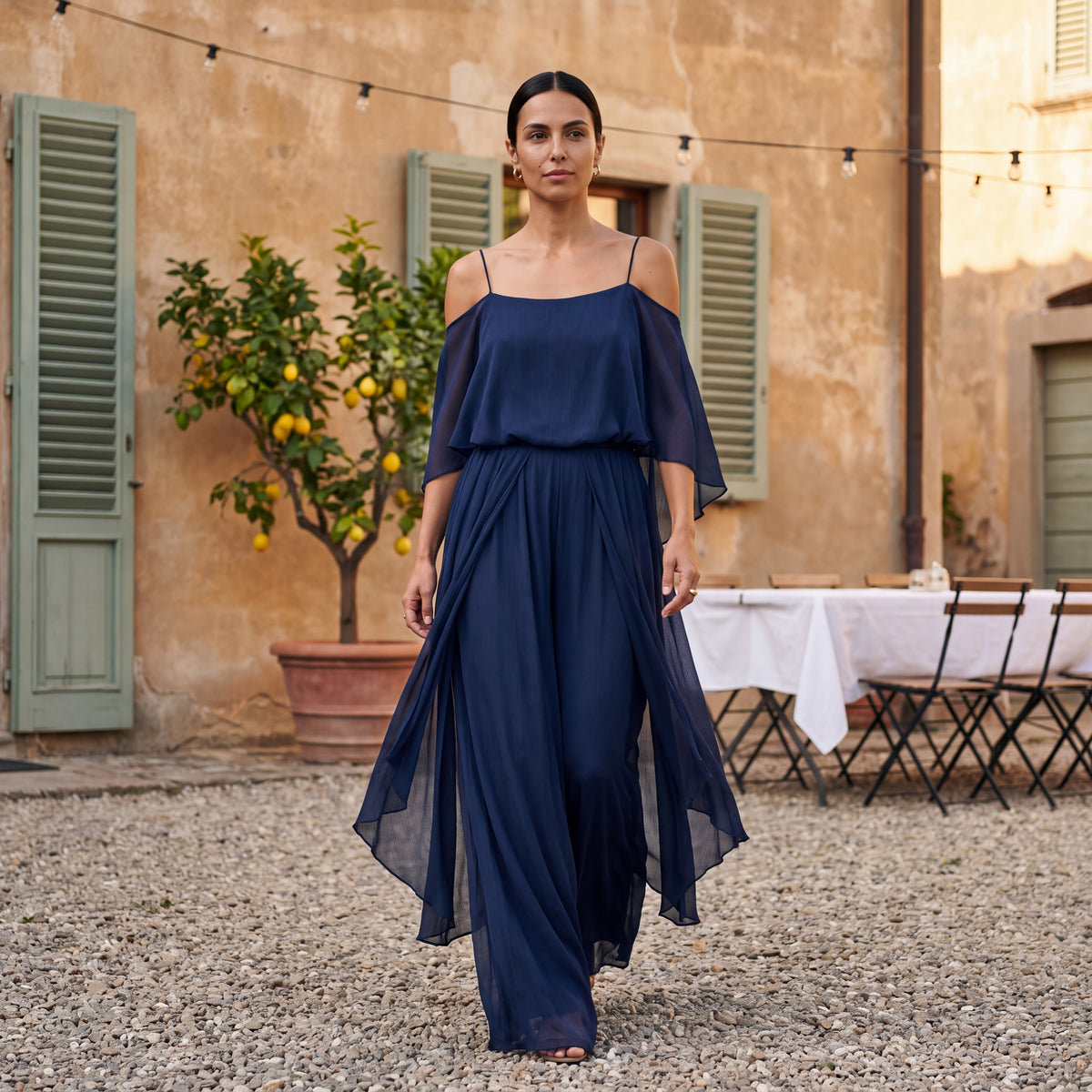 Sofia | Long Chiffon Dress with Off-Shoulder Neckline