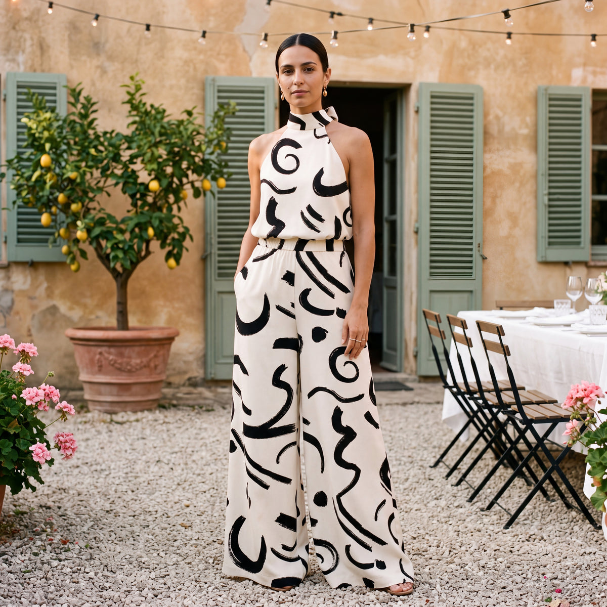 Ginevra | Elegant Neck Halter Jumpsuit & Palazzo Trousers