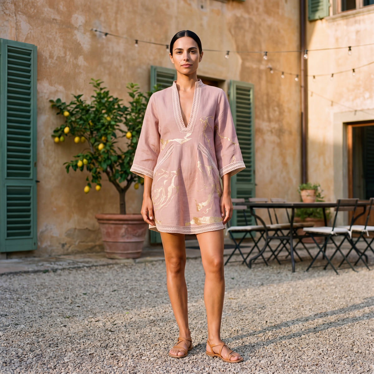 Donatella | Mini Dress with Print Marmo Dorata & Lace Crochet