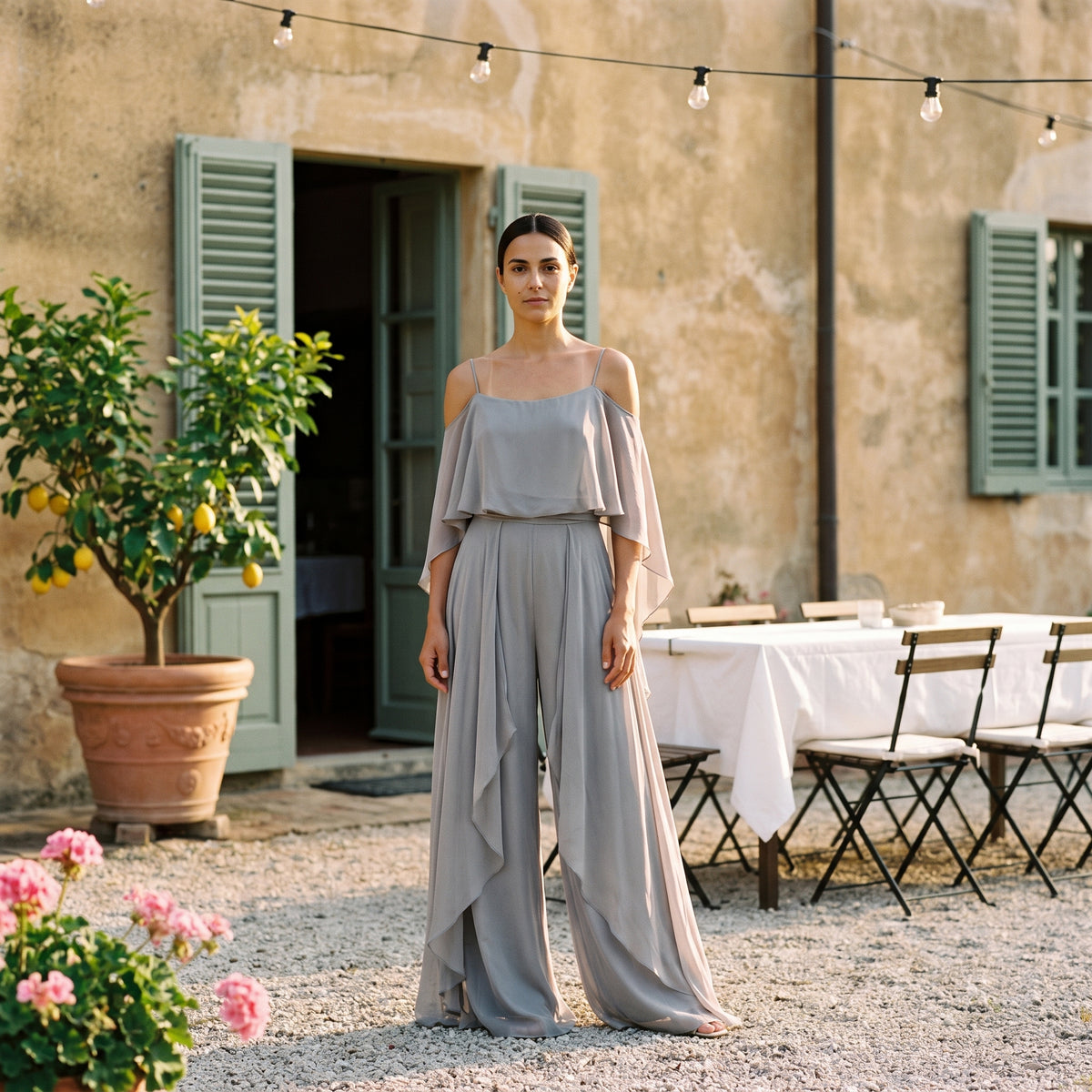 Sofia | Long Chiffon Dress with Off-Shoulder Neckline