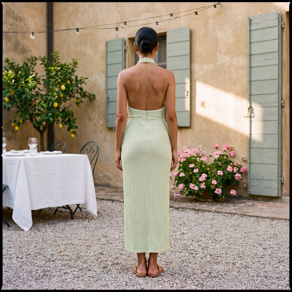 Celia – Midi Halter Effect Silhouette Sage Green Dress