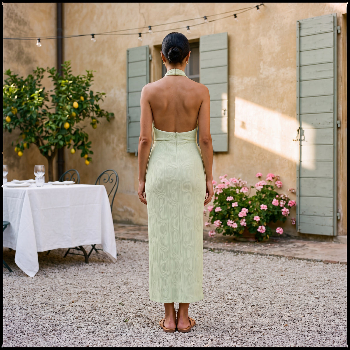 Celia – Midi Halter Effect Silhouette Sage Green Dress